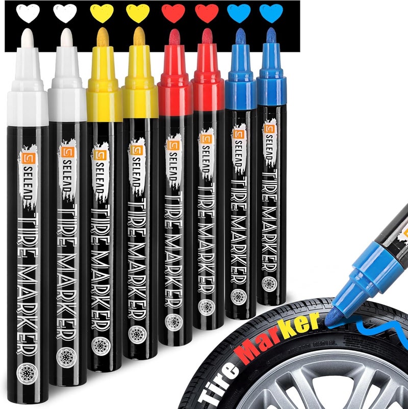 SELEAD Tire Marker White Red Yellow Blue - 8 Pack Paint Pens for Car Tires Lettering, Premium Professional Oil Based Waterproof Colored Permanent Markers - Image 1